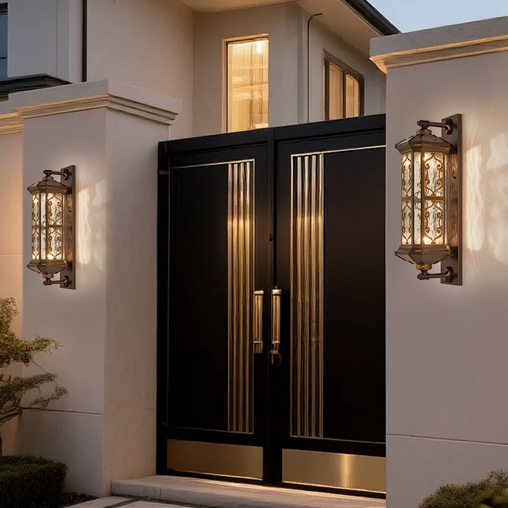 Traditional Vintage Galvanized Steel Aluminum Glass Rectangular Carved 2-Light Wall Sconce Lamp For Outdoor Patio