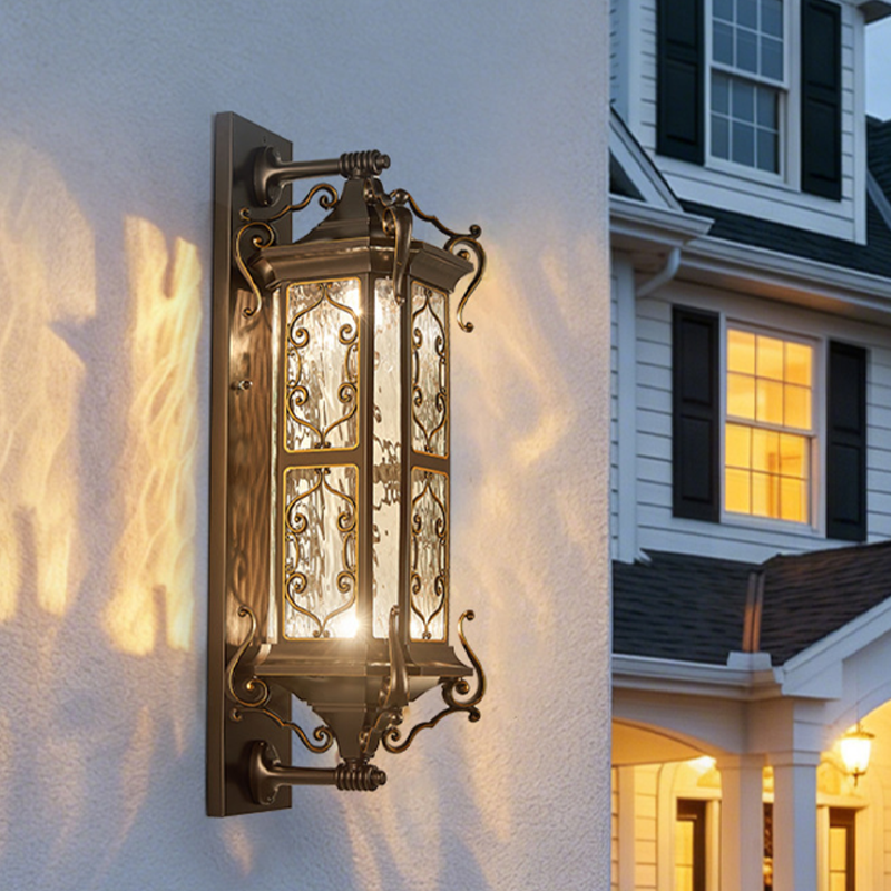 Traditional Vintage Galvanized Steel Aluminum Glass Rectangular Carved 2-Light Wall Sconce Lamp For Outdoor Patio