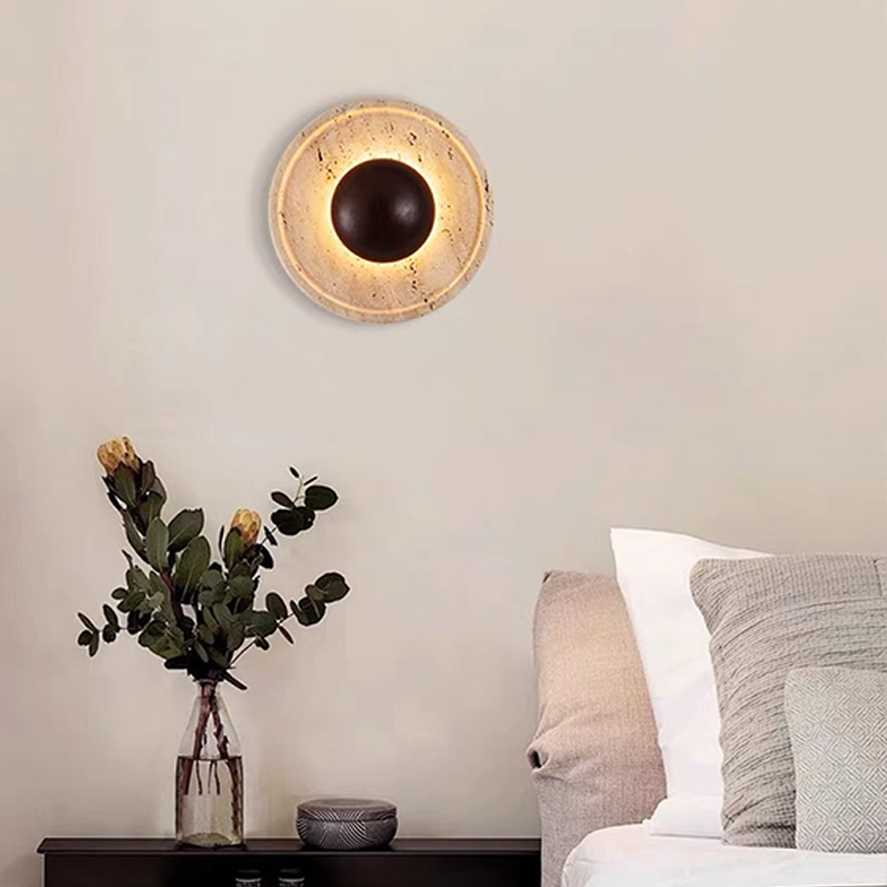 Lámpara de pared LED redonda con madera maciza y travertino de estilo chino tradicional para sala de estar 