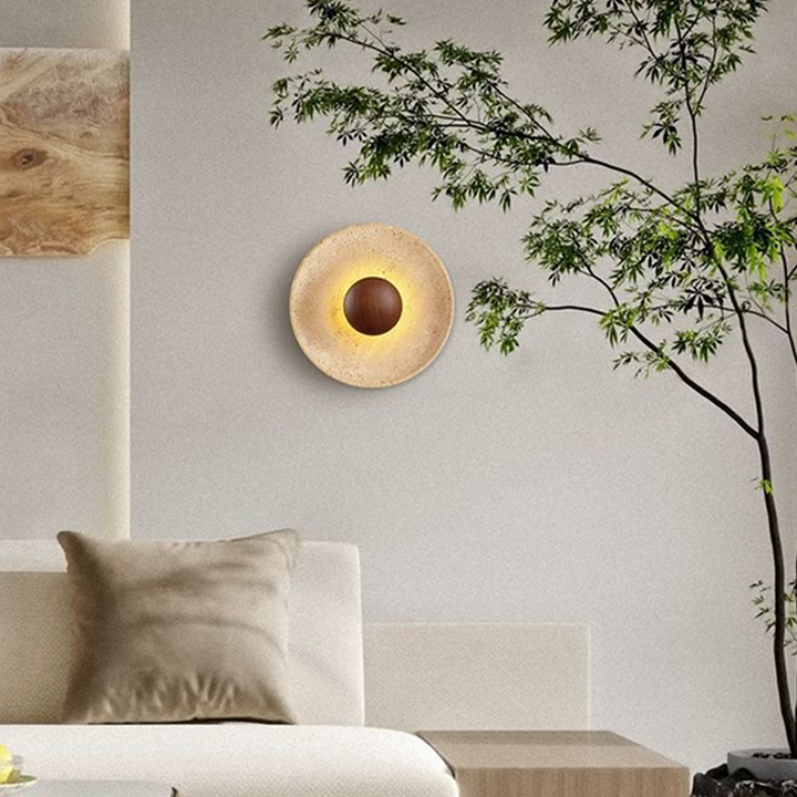 Lámpara de pared LED redonda con madera maciza y travertino de estilo chino tradicional para sala de estar 