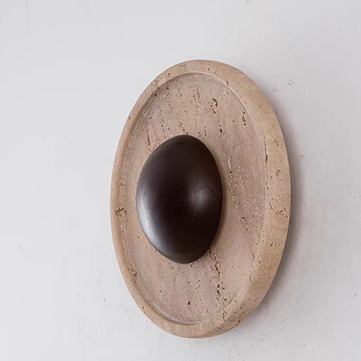 Lámpara de pared LED redonda con madera maciza y travertino de estilo chino tradicional para sala de estar 