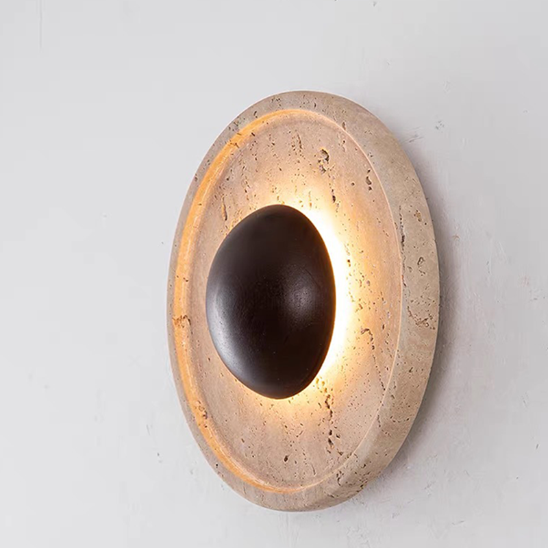 Lámpara de pared LED redonda con madera maciza y travertino de estilo chino tradicional para sala de estar 