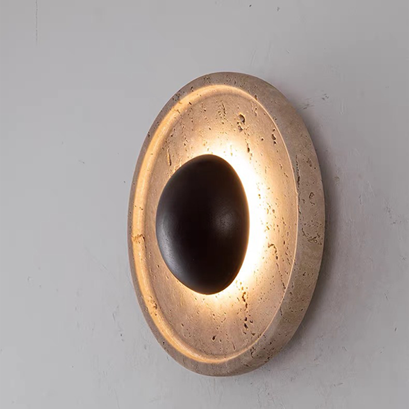 Lámpara de pared LED redonda con madera maciza y travertino de estilo chino tradicional para sala de estar 
