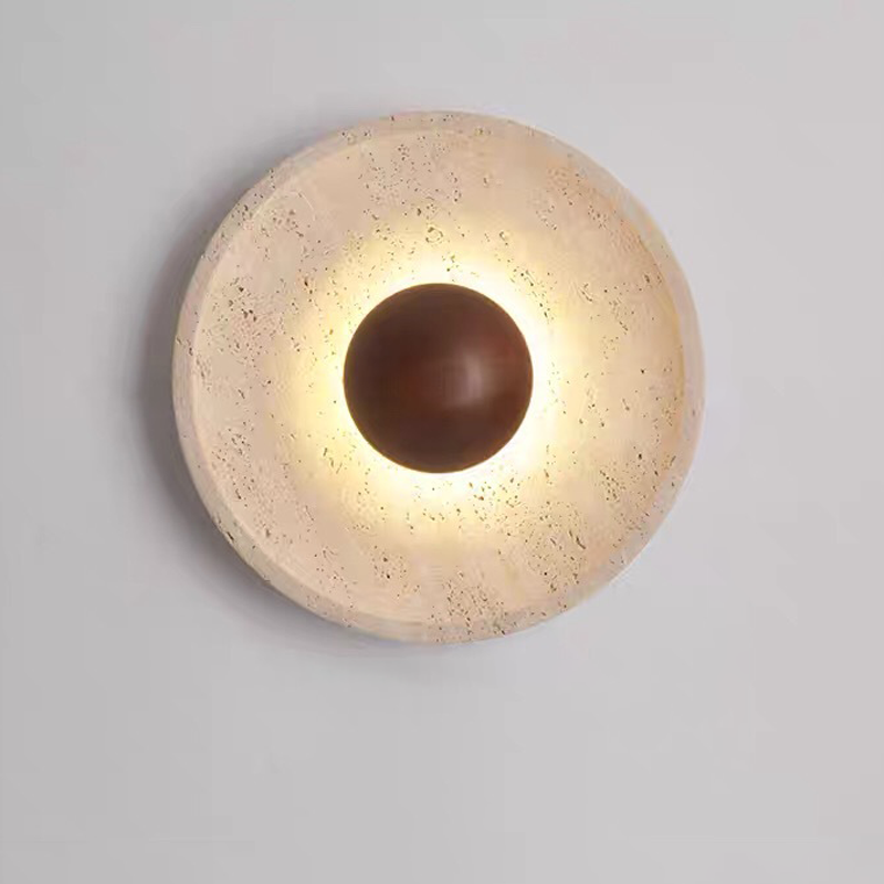 Lámpara de pared LED redonda con madera maciza y travertino de estilo chino tradicional para sala de estar 