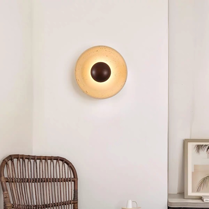 Lámpara de pared LED redonda con madera maciza y travertino de estilo chino tradicional para sala de estar 