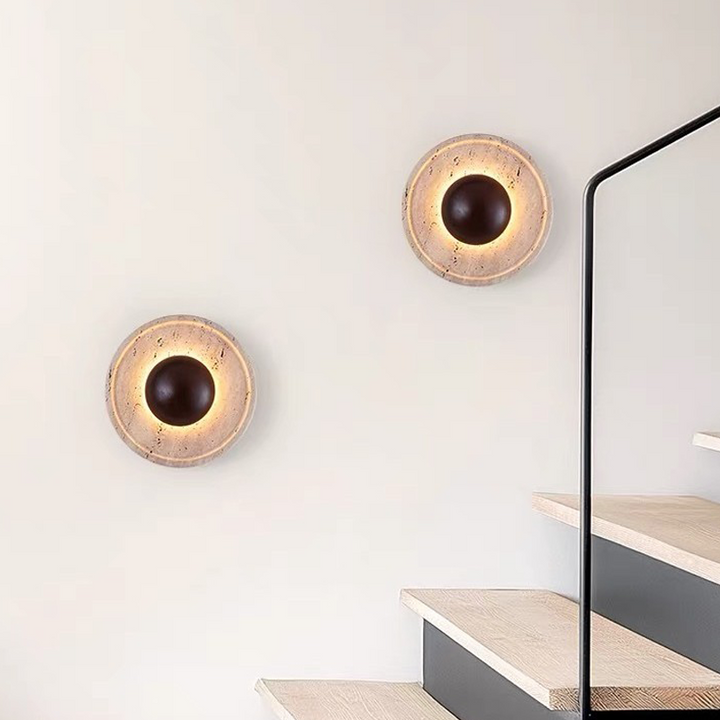 Lámpara de pared LED redonda con madera maciza y travertino de estilo chino tradicional para sala de estar 