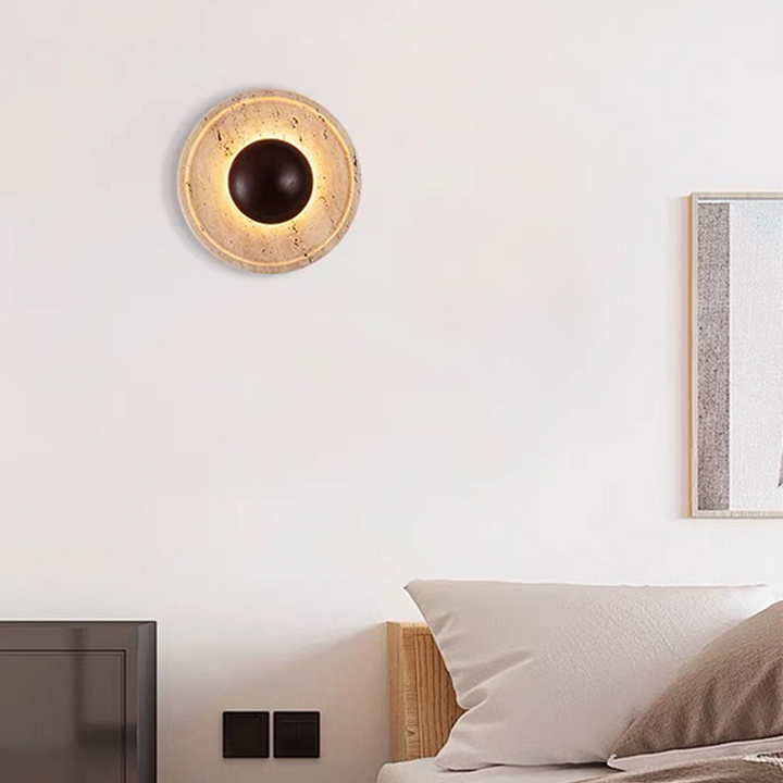 Lámpara de pared LED redonda con madera maciza y travertino de estilo chino tradicional para sala de estar 