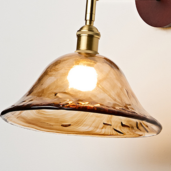 Traditionelle japanische 1-flammige Wandleuchte mit rundem Schirm aus Massivholz, Glas und Metall für das Wohnzimmer 