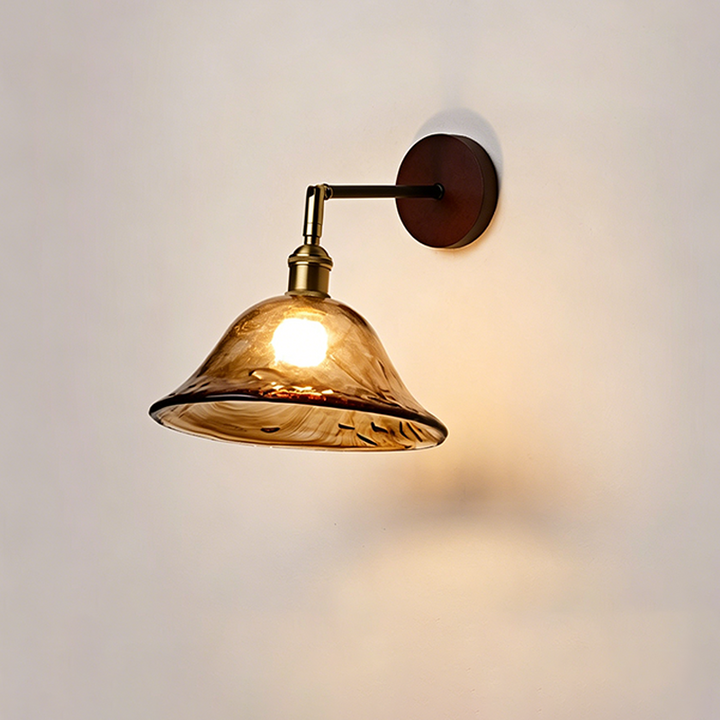 Traditionelle japanische 1-flammige Wandleuchte mit rundem Schirm aus Massivholz, Glas und Metall für das Wohnzimmer 