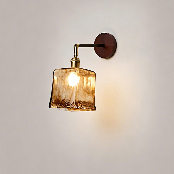 Traditionelle japanische 1-flammige Wandleuchte mit rundem Schirm aus Massivholz, Glas und Metall für das Wohnzimmer 