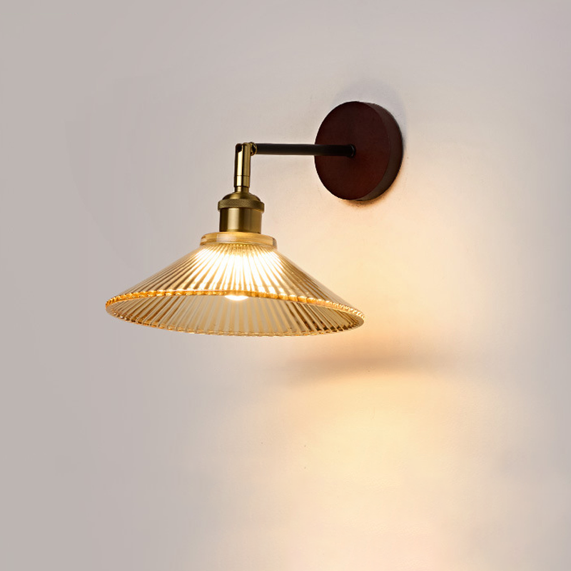 Traditionelle japanische 1-flammige Wandleuchte mit rundem Schirm aus Massivholz, Glas und Metall für das Wohnzimmer 