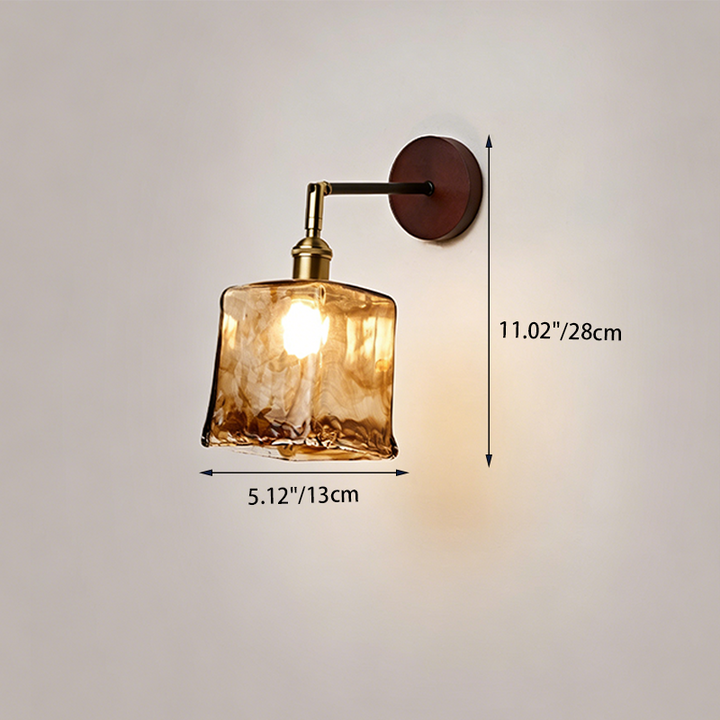 Traditionelle japanische 1-flammige Wandleuchte mit rundem Schirm aus Massivholz, Glas und Metall für das Wohnzimmer 