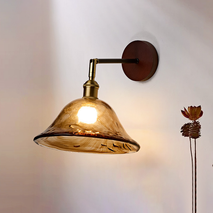 Traditionelle japanische 1-flammige Wandleuchte mit rundem Schirm aus Massivholz, Glas und Metall für das Wohnzimmer 