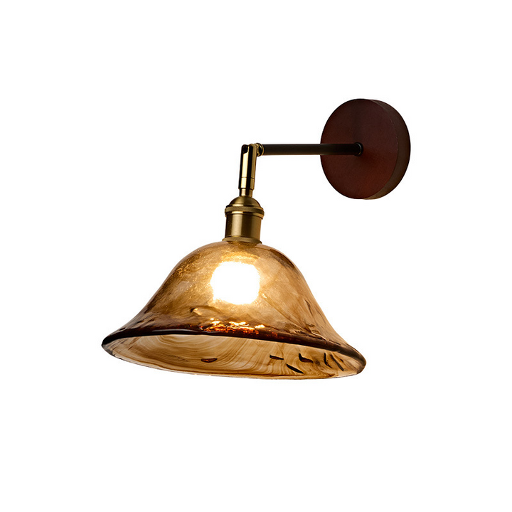 Traditionelle japanische 1-flammige Wandleuchte mit rundem Schirm aus Massivholz, Glas und Metall für das Wohnzimmer 