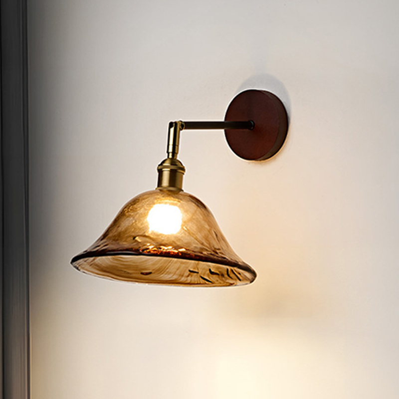 Traditionelle japanische 1-flammige Wandleuchte mit rundem Schirm aus Massivholz, Glas und Metall für das Wohnzimmer 