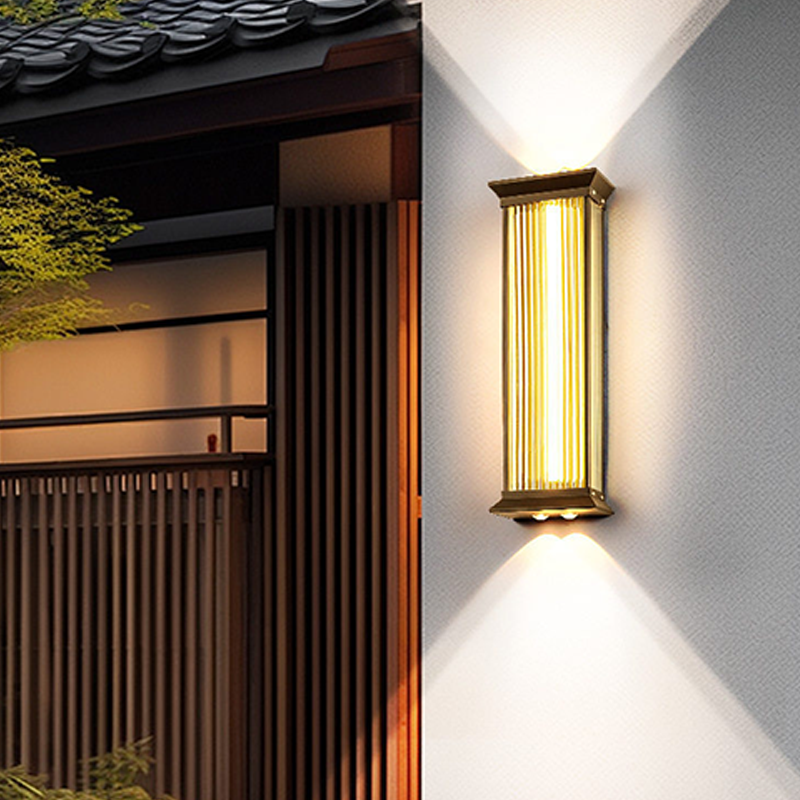 Traditional Chinese Stainless Steel Glass Ribbed Rectangular LED Wall Sconce Lamp For Outdoor Patio