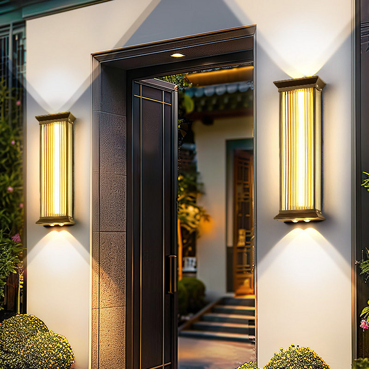 Traditional Chinese Stainless Steel Glass Ribbed Rectangular LED Wall Sconce Lamp For Outdoor Patio