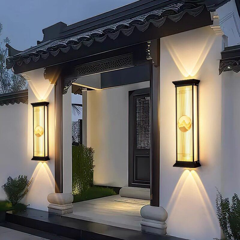 Traditional Chinese Stainless Steel Glass Ribbed Rectangular LED Wall Sconce Lamp For Outdoor Patio