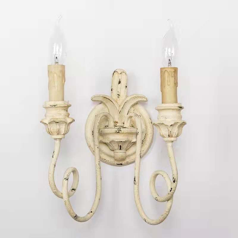 Traditional Vintage Iron Glass Candle Curved Round 2-Light Wall Sconce Lamp For Living Room