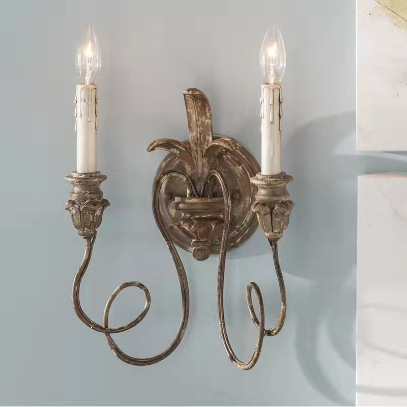 Traditional Vintage Iron Glass Candle Curved Round 2-Light Wall Sconce Lamp For Living Room