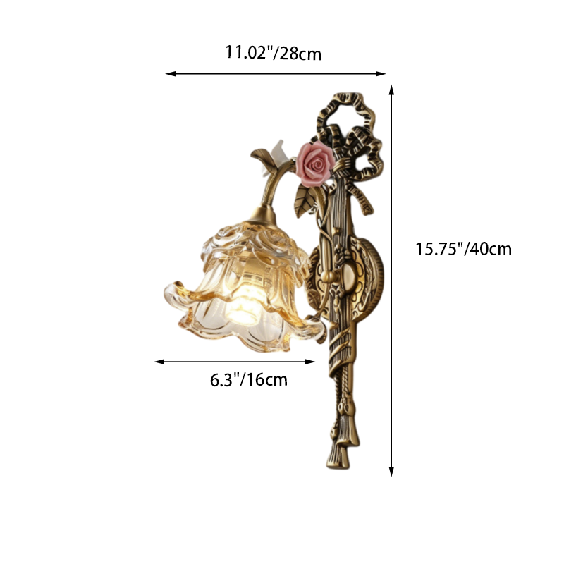 Traditional French Copper Glass Ceramic Floral Curved 1/2-Light Wall Sconce Lamp For Living Room