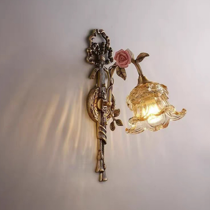 Traditional French Copper Glass Ceramic Floral Curved 1/2-Light Wall Sconce Lamp For Living Room