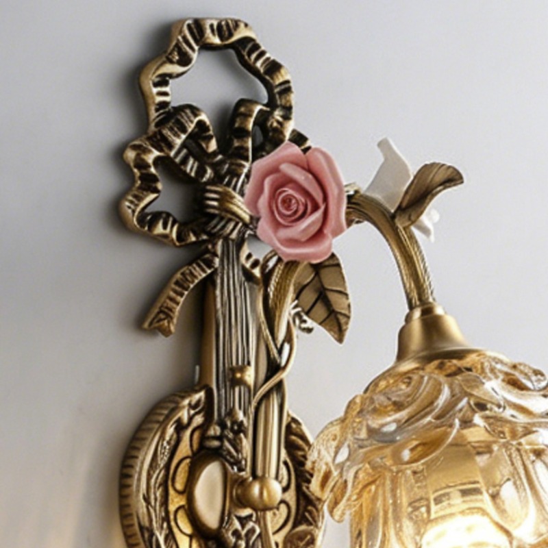 Traditional French Copper Glass Ceramic Floral Curved 1/2-Light Wall Sconce Lamp For Living Room
