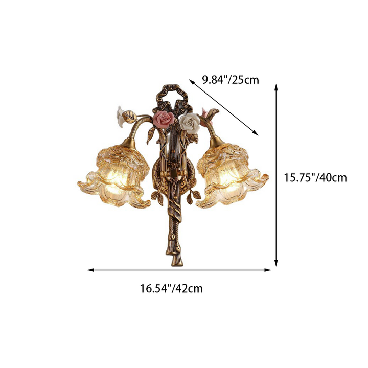 Traditional French Copper Glass Ceramic Floral Curved 1/2-Light Wall Sconce Lamp For Living Room