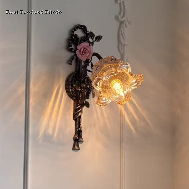 Traditional French Copper Glass Ceramic Floral Curved 1/2-Light Wall Sconce Lamp For Living Room