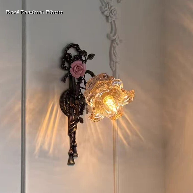 Traditional French Copper Glass Ceramic Floral Curved 1/2-Light Wall Sconce Lamp For Living Room
