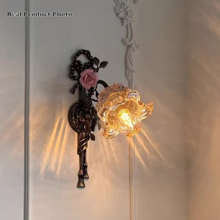 Traditional French Copper Glass Ceramic Floral Curved 1/2-Light Wall Sconce Lamp For Living Room