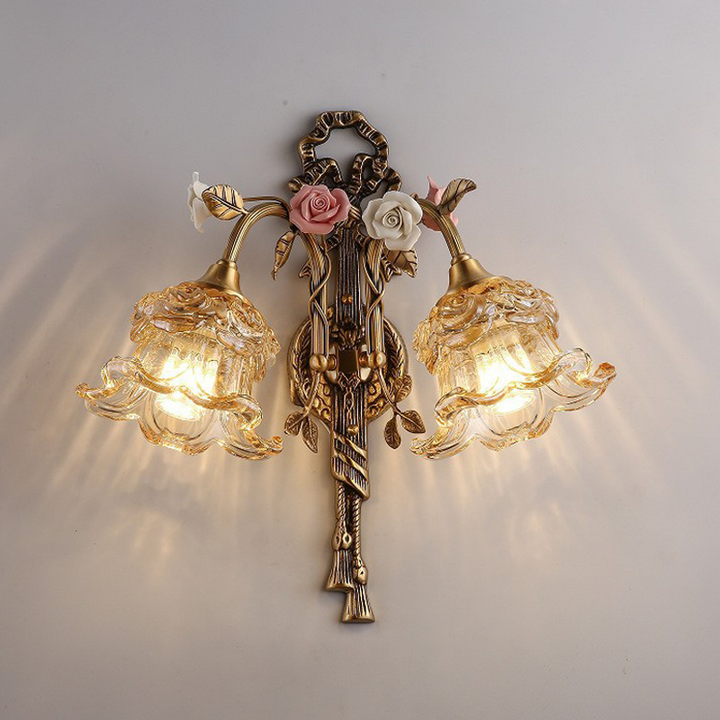 Traditional French Copper Glass Ceramic Floral Curved 1/2-Light Wall Sconce Lamp For Living Room