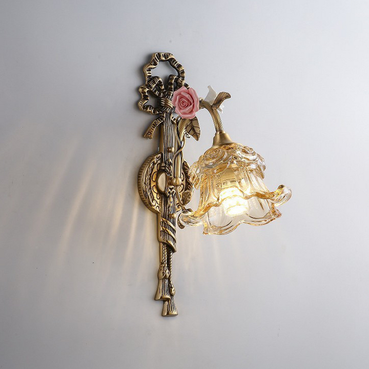 Traditional French Copper Glass Ceramic Floral Curved 1/2-Light Wall Sconce Lamp For Living Room