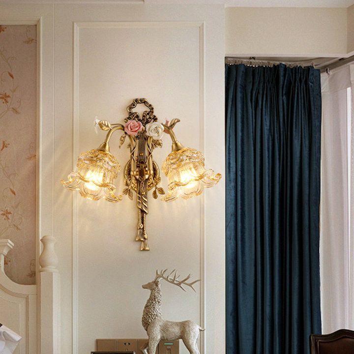 Traditional French Copper Glass Ceramic Floral Curved 1/2-Light Wall Sconce Lamp For Living Room
