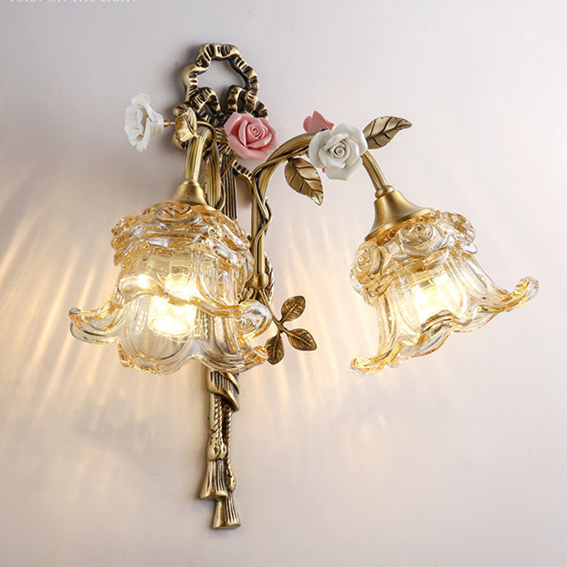 Traditional French Copper Glass Ceramic Floral Curved 1/2-Light Wall Sconce Lamp For Living Room
