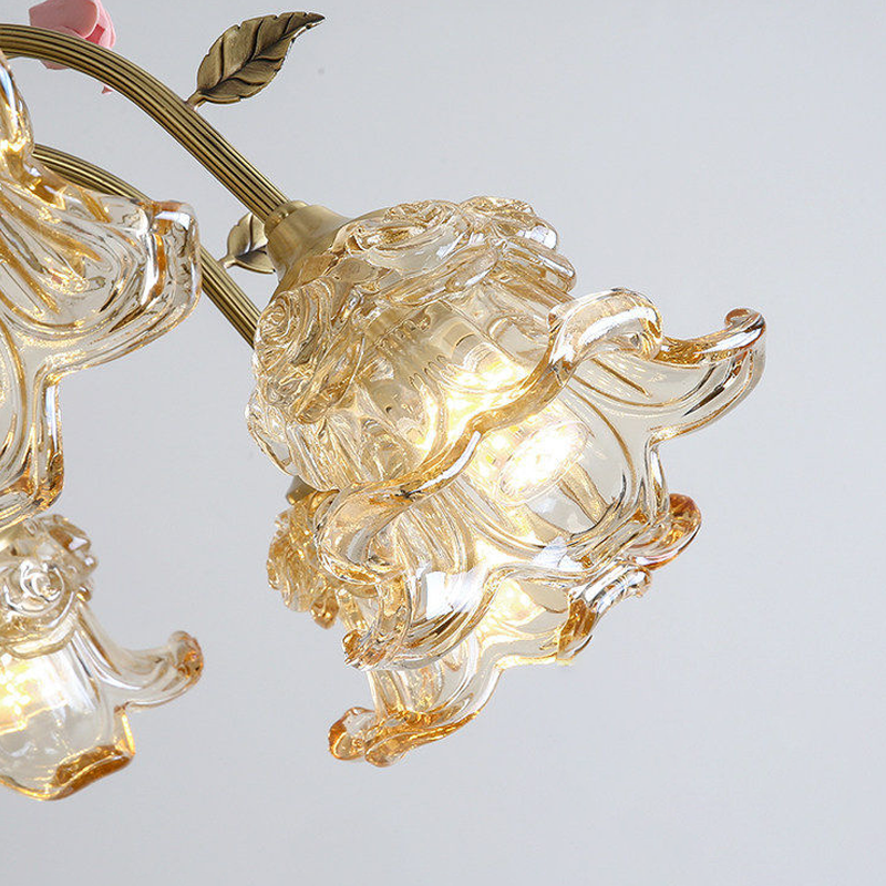 Traditional French Copper Glass Ceramic Floral Curved 1/2-Light Wall Sconce Lamp For Living Room