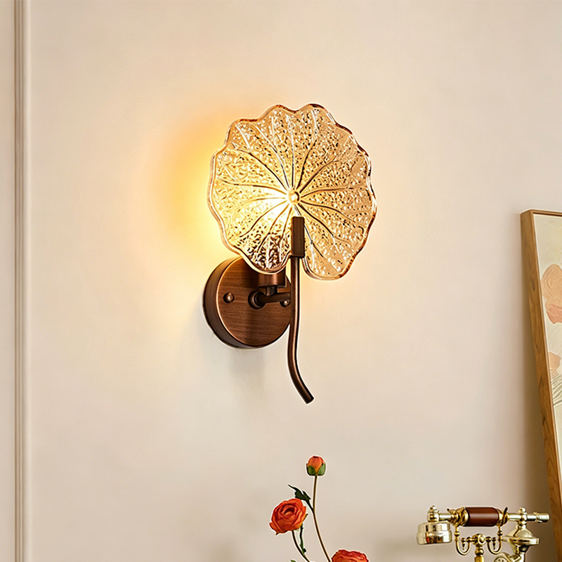 Traditional French Iron Glass Lotus Leaf Round 1-Light Wall Sconce Lamp For Living Room