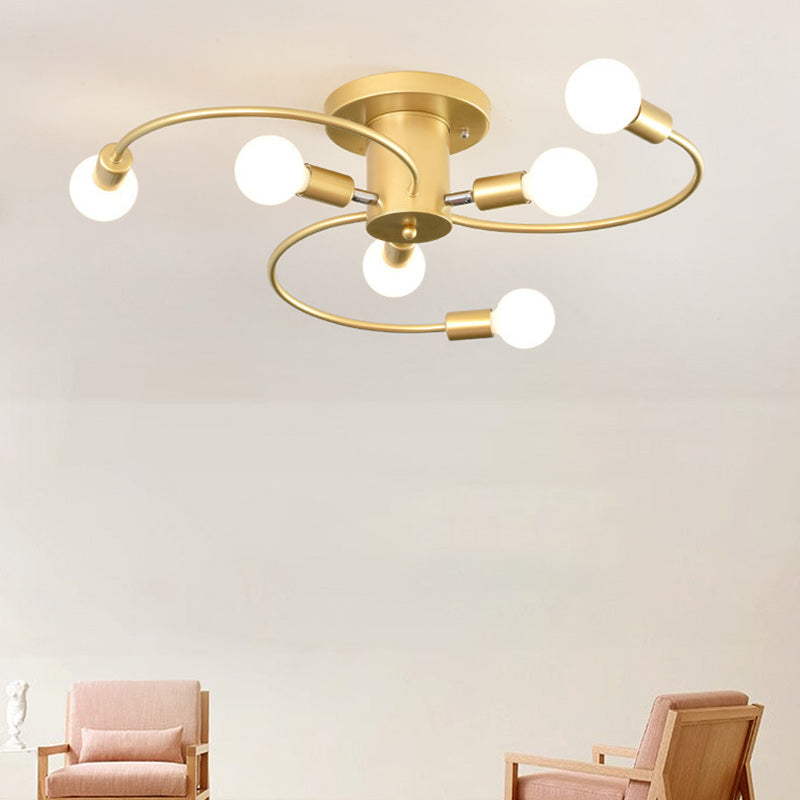Plafonnier semi-encastré à 6 lumières en spirale en fer nordique contemporain pour salon 