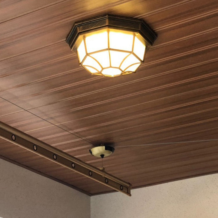 Plafonnier étanche à LED octogonal en alliage d'aluminium rétro contemporain et verre dépoli pour entrée extérieure et balcon 