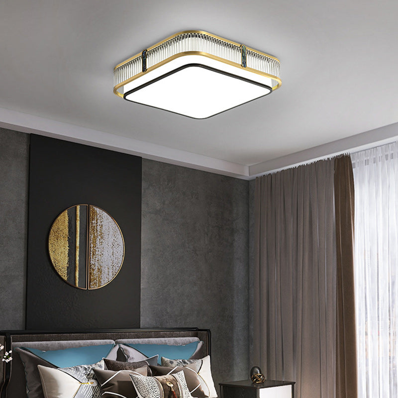 Traditional Chinese Full Brass & Glass Round Square Rectangular Striped Glass LED Flush Mount Ceiling Light For Bedroom & Living Room