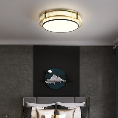 Traditional Chinese Full Brass & Glass Round Square Rectangular Striped Glass LED Flush Mount Ceiling Light For Bedroom & Living Room