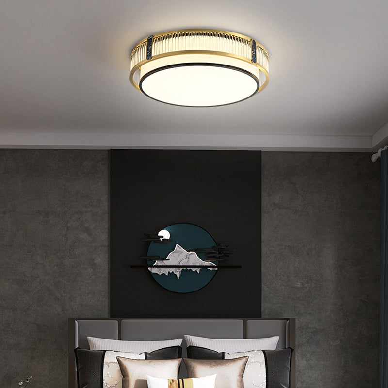 Traditional Chinese Full Brass & Glass Round Square Rectangular Striped Glass LED Flush Mount Ceiling Light For Bedroom & Living Room