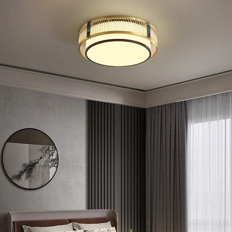 Traditional Chinese Full Brass & Glass Round Square Rectangular Striped Glass LED Flush Mount Ceiling Light For Bedroom & Living Room