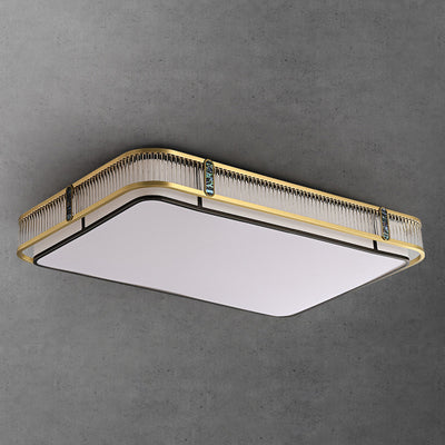 Traditional Chinese Full Brass & Glass Round Square Rectangular Striped Glass LED Flush Mount Ceiling Light For Bedroom & Living Room