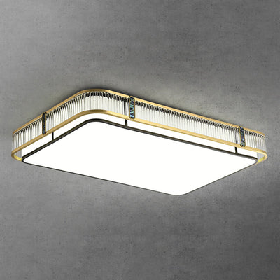 Traditional Chinese Full Brass & Glass Round Square Rectangular Striped Glass LED Flush Mount Ceiling Light For Bedroom & Living Room