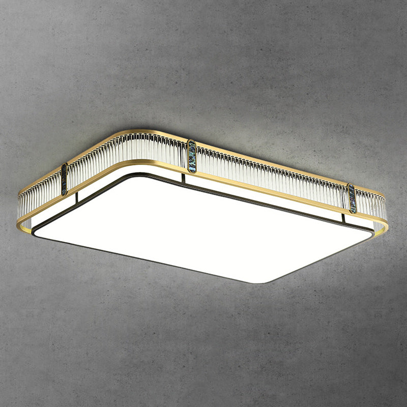 Traditional Chinese Full Brass & Glass Round Square Rectangular Striped Glass LED Flush Mount Ceiling Light For Bedroom & Living Room