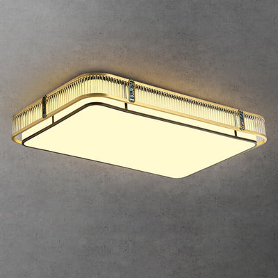 Traditional Chinese Full Brass & Glass Round Square Rectangular Striped Glass LED Flush Mount Ceiling Light For Bedroom & Living Room