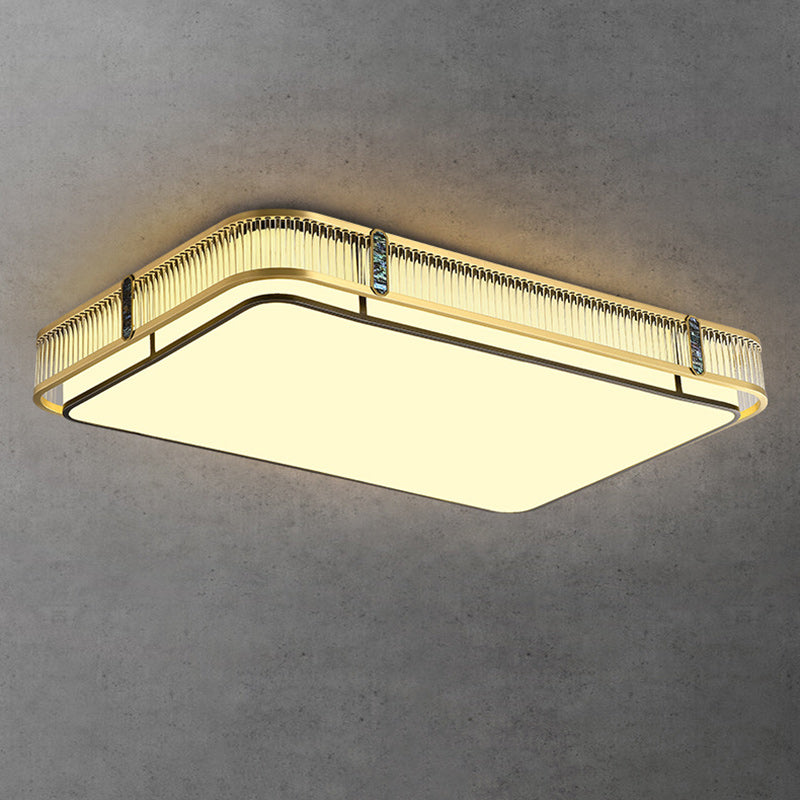 Traditional Chinese Full Brass & Glass Round Square Rectangular Striped Glass LED Flush Mount Ceiling Light For Bedroom & Living Room