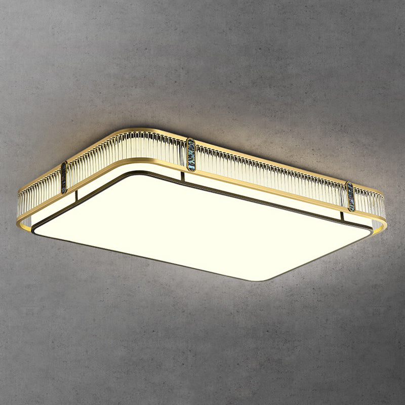 Traditional Chinese Full Brass & Glass Round Square Rectangular Striped Glass LED Flush Mount Ceiling Light For Bedroom & Living Room