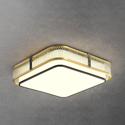 Traditional Chinese Full Brass & Glass Round Square Rectangular Striped Glass LED Flush Mount Ceiling Light For Bedroom & Living Room